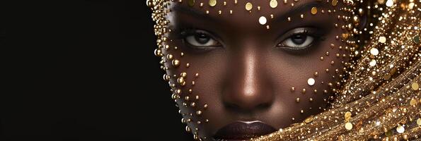 AI generated Banner Elegant African American woman adorned with golden beads and sequins, ideal for beauty and fashion concepts. photo