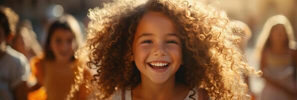 ai generado bandera contento pelo rizado joven niña sonriente brillantemente, verano luz de sol, sincero niño retrato foto