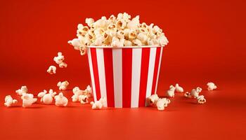 AI generated Striped popcorn bucket spilling on red background for cinema, snack, and party themes. photo