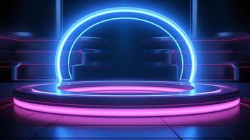 AI generated Futuristic neon podium for product display in a dark room, ideal for exhibitions and showcases photo