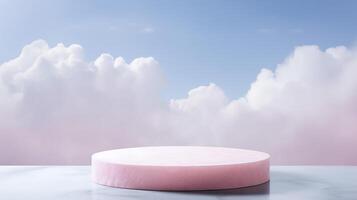 AI generated Elegant pink podium on serene sky background. Ideal for product display and marketing presentations photo