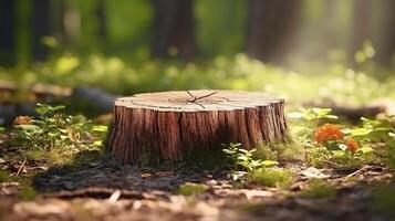 AI generated Natural tree stump podium in sunlit forest, perfect for eco-friendly product display or nature-themed presentations. photo