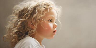 AI generated Portrait of a little girl with curly blonde hair in profile, soft light, innocence, child beauty. photo