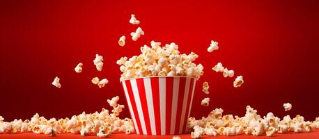 AI generated Banner Vibrant red striped popcorn bucket with exploding kernels on red background, perfect for cinema snack promotions. photo