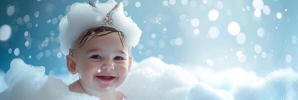 ai generado contento bebé en burbuja baño, jubiloso infantil bañera hora divertido, cuidado de niños, limpiar niñito con espuma, espumoso agua fondo. foto