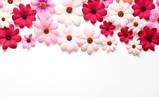 AI generated Pink to red gradient flowers banner with white copyspace, ideal for festive and seasonal design backgrounds. photo