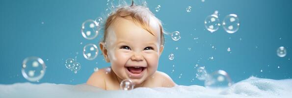 ai generado alegre bebé riendo con burbujas durante bañera tiempo, Perfecto para familia blogs, paternidad artículos, y bebé cuidado productos foto