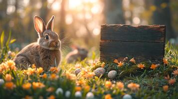 AI generated Easter bunny in spring garden with wooden sign and colorful eggs amidst blooming flowers at sunrise photo