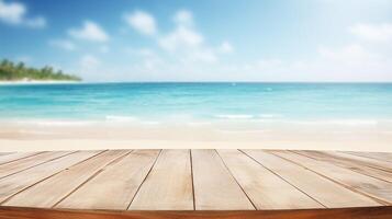 AI generated Serene beach backdrop for product display, featuring clear blue skies, calm waters, and smooth wooden platform foreground. photo