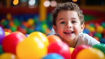 AI generated Happy child in ball pit, vibrant play area for kids' fun and games, indoor playground. photo