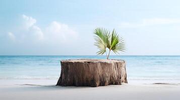 AI generated Beachfront display podium. Tree stump stand with vibrant palm leaf on sandy shore against sea backdrop for showcasing products. photo