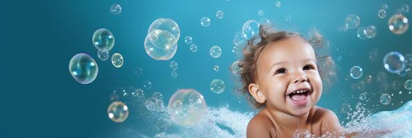 AI generated Joyful baby laughing among sparkling bubbles, child's playful bath time on blue background photo