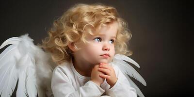 AI generated Angel toddler with curly hair, white wings, thoughtful pose, studio background, child portrait, innocence concept. photo