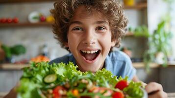 AI generated Happy boy enjoying fresh salad, healthy kids food concept photo