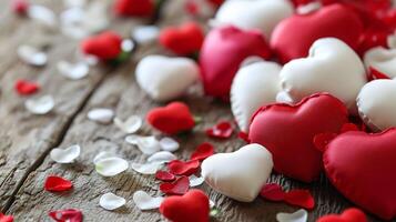 ai generado romántico rojo y blanco en forma de corazon cojines y pétalos en rústico madera fondo para San Valentín día, Boda decoración. foto