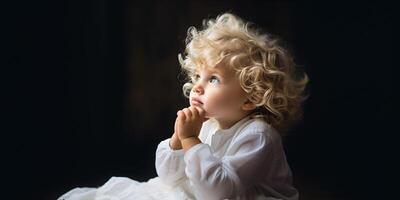 AI generated Curly-haired young child gazing upward, hand on chin, thoughtful and dreamy photo