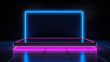 AI generated Futuristic neon podium display, perfect for product showcasing in tech, events, or retail. photo