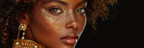 AI generated Banner Elegant African woman with golden glitter makeup, lush curls, and luxurious pearls. photo