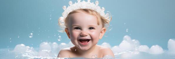 ai generado contento niñito riendo en burbuja baño, alegre bebé higiene, niño agua jugar, linda infantil bañera tiempo, limpiar sonriente niño foto
