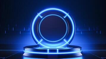 AI generated Futuristic blue LED light circle podium for product display on a dark tech background. photo