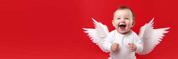 ai generado bandera alegre bebé con ángel alas en rojo fondo, contento niño, festivo concepto foto