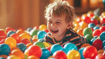 ai generado alegre niño jugando en vistoso pelota fosa, Perfecto para niños entretenimiento y patio de recreo divertida. foto