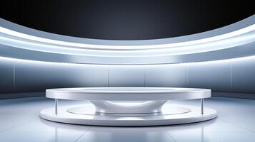 AI generated Modern sleek product presentation podium in a futuristic showroom setting. photo