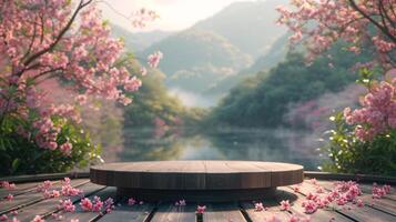 AI generated Spring podium display with cherry blossoms and serene lake backdrop for tranquil product showcasing. photo