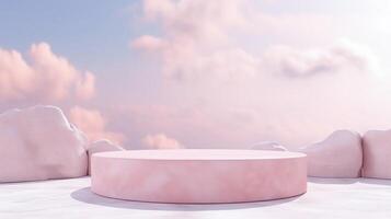 ai generado suave rosado redondo podio con nublado cielo fondo para elegante producto mostrar. foto