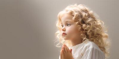AI generated Banner Curly-haired toddler praying, angelic child, soft light, innocence, serene photo