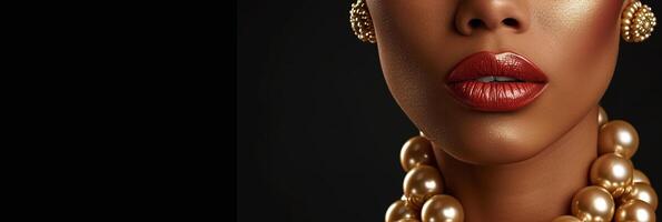 AI generated Banner Stunning close-up of woman with gold lipstick and pearls, ideal for beauty and fashion themes. photo