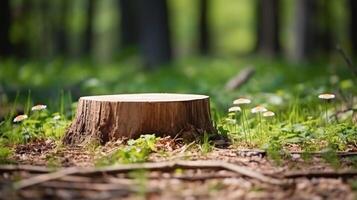 AI generated Forest stump podium in natural sunlight, outdoor product display, wood stump surrounded by greenery and wildflowers, ideal for showcasing photo