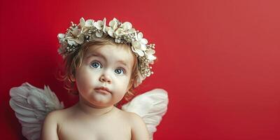 ai generado bandera adorable ángel bebé con alas y floral corona en rojo antecedentes foto