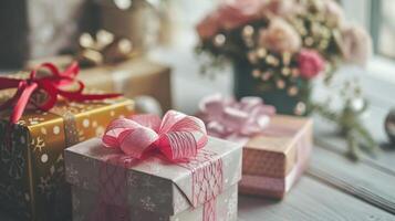 AI generated Festive gift boxes with elegant ribbons on a wooden table, soft-focus flowers in the background, ideal for holiday, birthday designs. photo