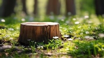 AI generated Natural wooden stump podium in a forest setting, ideal for product display, amidst vibrant green foliage and spring flowers. photo