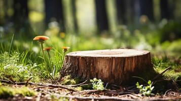 AI generated Natural wooden stump podium in forest setting, perfect for product display, eco-friendly presentation, and rustic decor themes photo