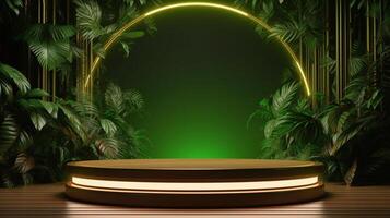 AI generated Elegant product display podium surrounded by lush tropical foliage with a glowing neon arch backdrop photo