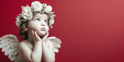 AI generated Banner Thoughtful curly-haired angel with white wings and floral headpiece photo