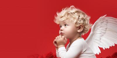 AI generated Banner Angel baby with wings on red background, perfect for Valentine's Day designs photo