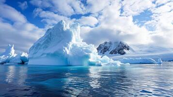 AI generated Antarctic icebergs under blue skies with serene ocean and snow-capped mountains, perfect for climate change themes. photo