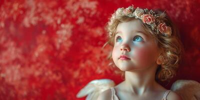 ai generado bandera encantador niño ángel con floral venda en texturizado rojo fondo foto