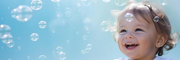 AI generated Smiling toddler with curly hair enjoying soap bubbles on a clear day, aqua sky background. photo