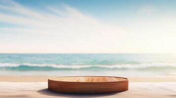 ai generado elegante de madera podio en un playa fondo para producto mostrar, ideal para con tema de verano marketing. foto