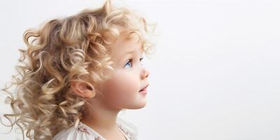 AI generated Banner Curly-haired child in profile, looking up with a hopeful expression, against a white background. photo