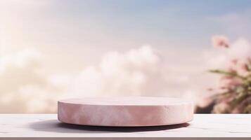 AI generated Minimalist pink podium for product display, ideal for presentations and retail promotion in a dreamy soft light backdrop. photo