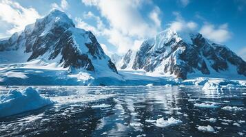 ai generado maravilloso congelado paisaje con icebergs y cubierto de nieve picos, clima cambios impacto en polar regiones. foto