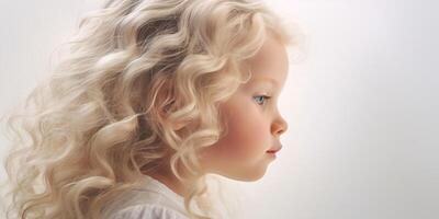 ai generado bandera sereno niño con fluido Rizado pelo en perfil, suave luz, amable expresión, blanco fondo. foto