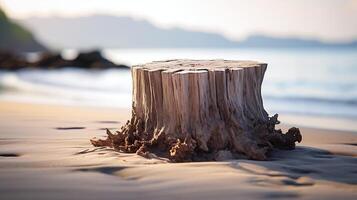 ai generado natural de madera tocón podio en playa arena con sereno Oceano fondo, Perfecto para producto monitor o temática costera decoración. foto