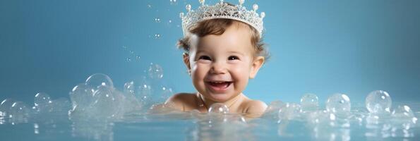 ai generado Encantado bebé con corona jugando en burbuja baño, jubiloso real bañera hora escena foto