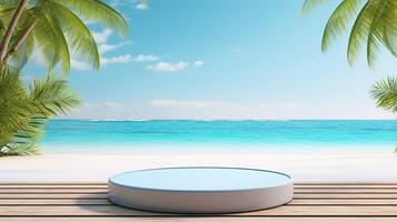 ai generado elegante producto presentación podio en un playa fondo, ideal para exhibiendo lujo bienes. foto